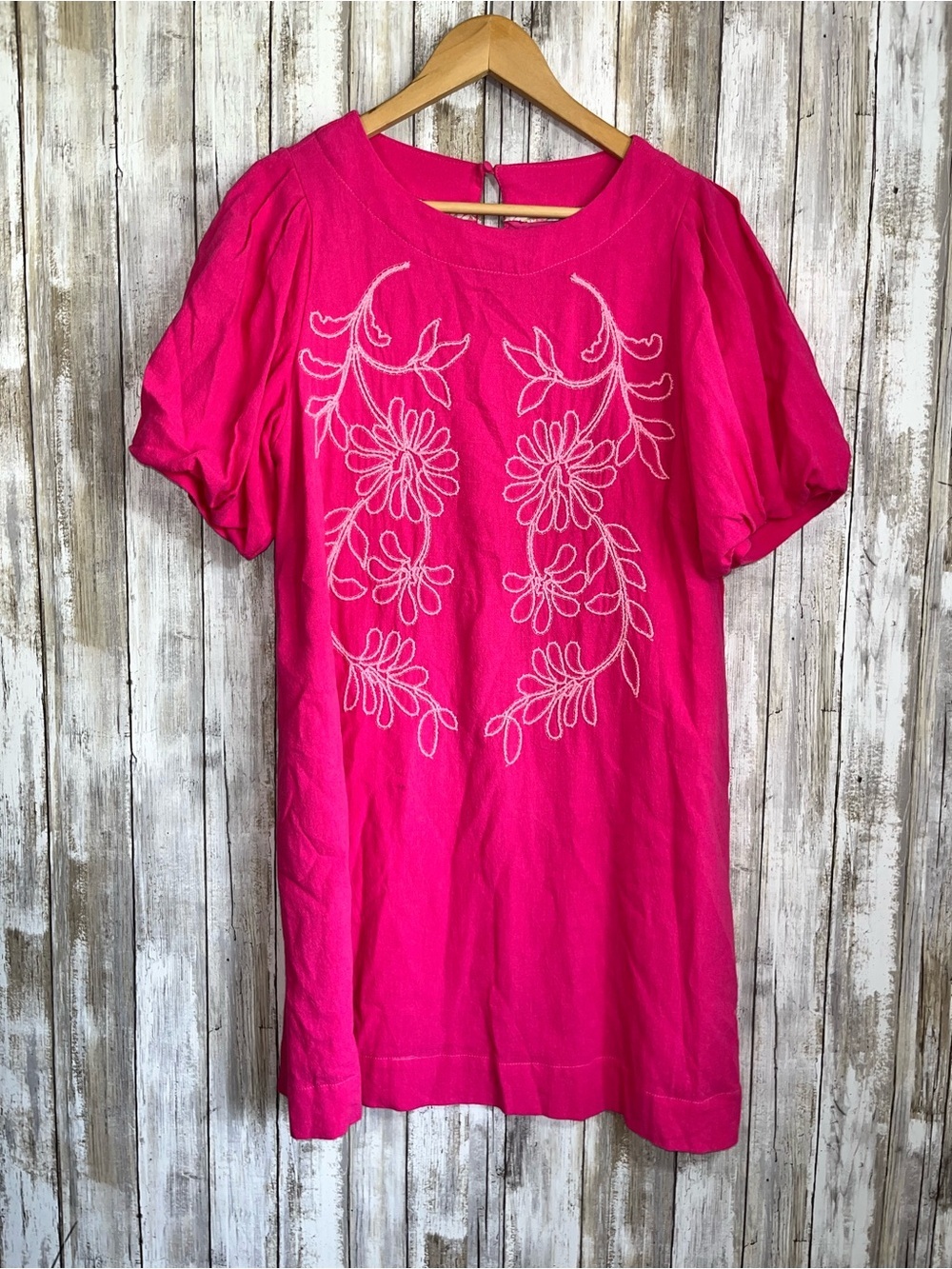 Umgee Pink Embroidered Dress S Puff Sleeve Floral Boho Cottagecore Mini Dress - Picture 2 of 5